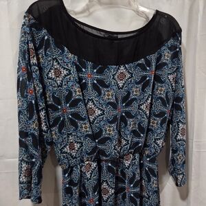 Boho Medallion Mesh Panel Dress Teal Red Geometric Witchcore Festival Mini Sz L